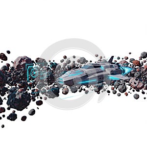 Spaceship Navigating Asteroid Field in 3D Render
