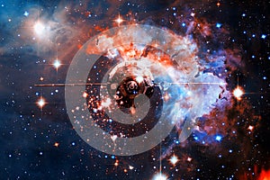 Spaceship in outer space against the background of the nebula.