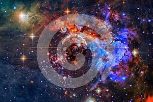 Spaceship in outer space against the background of the nebula.