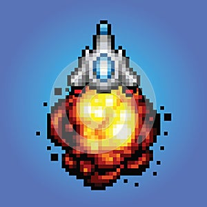 Spaceship pixel art Illustration of spaceship blasting off and flying photo