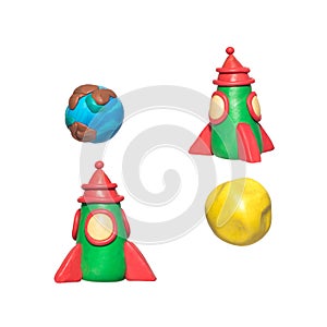 The spaceship, planet Earth, the moon out of clay on white background