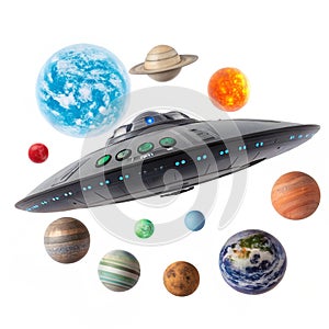 Spaceship with planets isolated on white background photo