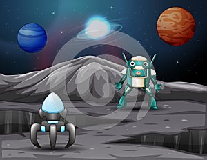 A spaceship and robot on space with planets background