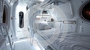 Spaceship room interior, design of small white habitat with bed in spacecraft. Futuristic living compartment. Concept of space,