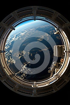 spaceship round window with sunrise over planet view, space station porthole illuminator with planetary sunset view photo