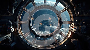 spaceship round window with sunrise over planet view, space station porthole illuminator with planetary sunset view photo