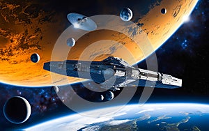 Spaceship in space, with glow and lights, fantasy photo, beautiful planets, planet earth, planet sun. Deep space, solar