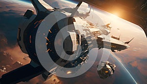 Spaceship in space. Science fiction art. 3D rendering