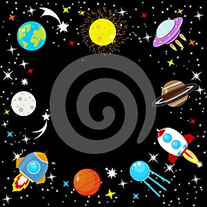 Spaceship in space among stars, planet Earth and Moon, Mars, Jupiter, moon, UFO. Cartoon rocket. Children`s simple space frame. C