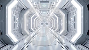 Spaceship or space station interior background, perspective of light corridor in large starship. Inside white hallway of big