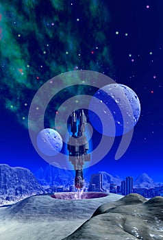 Spaceship starting from alien Planet with moons, mountains and space base, 3d illustration