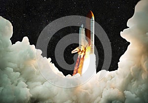 Spaceship takes off into space. Rocket flies on a background of