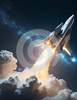 Spaceship Takes Off into Starry Sky with Smoke Trails and Clouds. AI Generated