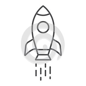 Spaceship thin line icon, shuttle and cosmos, rocket sign, vector graphics, a linear pattern on a white background.