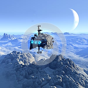 Spaceship on the top of mountain, alien planet with ice and a moon, 3d illustration