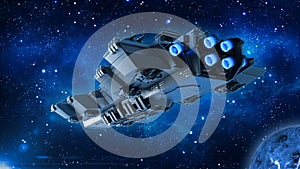 Spaceship traveling in deep space, alien UFO spacecraft flying in the Universe with planet and stars, rear bottom view, 3D