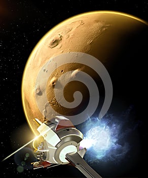 Spaceship traveling between planets of distant galaxies. Mars, details and particulars of the Martian surface
