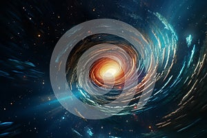 A spaceship traveling at warp speed through a wormhole