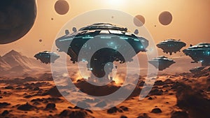 spaceship and ufo near exploding sun Futuristic sciFi battle space ships hover over an alien planet,