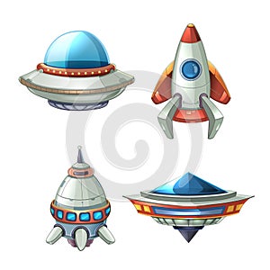 Spaceship and UFO vector set in cartoon style