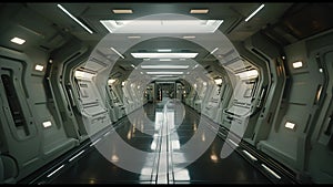 Spaceship in the Universe, spacecraft flying in deep space. Orbital station interior. Future scientific vessel