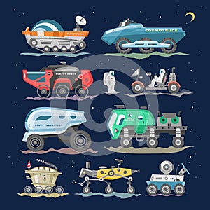 Spaceship vector lunar-rover or moon-rover and spacecraft with spaceman exploring moon illustration exploration set of