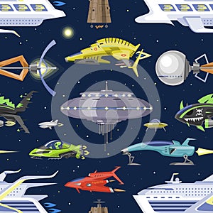 Spaceship vector spacecraft or rocket and spacy ufo illustration set of spaced ship or rocketship in universe space