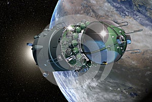Spaceship Vostok-1 at the orbit. 3D Illustration.