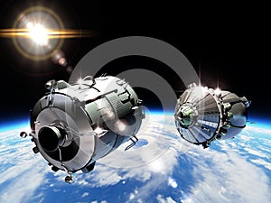 Spaceship Vostok-1 undocked from last rocket stage. 3D Illustration.