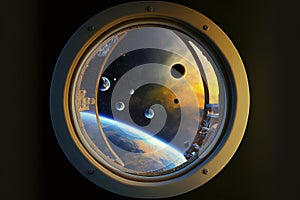 Spaceship window view. Porthole from rocket to dark sky with Earth, stars, planets. Shuttle with round glass window