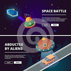 Spaceships cartoon. Vector isometric pictures isolate