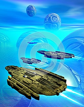 Spaceships flying over an alien habitat on a blue planet with atmosphere and ocean, 3d illustration