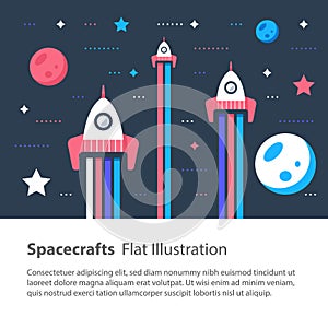Spaceships flying in space among stars and planets, children flat illustration