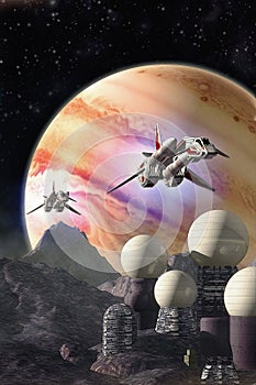 Spaceships and Jupiter Moon colony photo