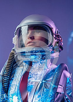 Spacewoman in helmet with open costume in starlight