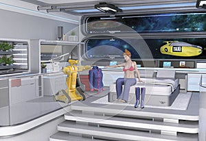 SpaceWoman in space station with robot