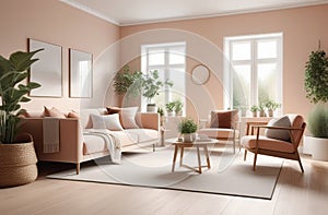 a spacious and airy interior of a living room with sofa and armchairs, houseplants, big windows, no people, lots of