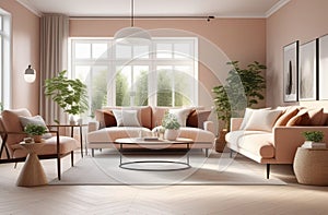 a spacious and airy interior of a living room with sofa and armchairs, houseplants, big windows, no people, lots of