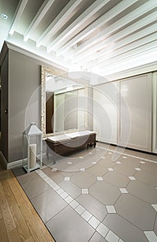 Spacious anteroom interior in warm tones and modern ceiling lights