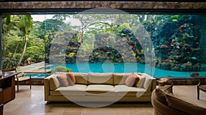 Spacious aquatic architecture minimalist interior design with large aquarium in living room