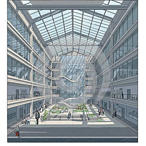 Spacious atrium of a modern building, featuring a glass ceiling and central glass