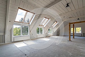 Spacious empty rooms in the attic floor after filling out the work on the wall and ceiling
