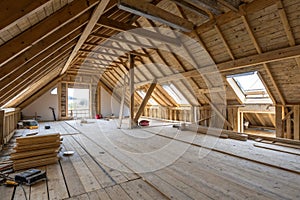 Spacious attic under construction with exposed beams