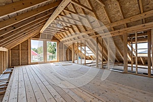 Spacious attic under construction with exposed wooden beams