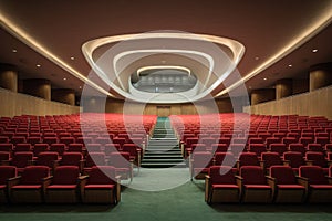 A spacious auditorium filled with rows of red seats, ready for a large event, Konferenz Saal, AI Generated