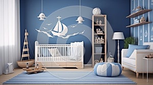 Spacious baby room with simple white furniture and beautiful marine decorations. generative ai