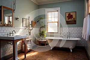 spacious bathroom with clawfoot tub, pedestal sink, and subway tile