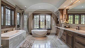 Spacious Bathroom With Two Sinks and Bathtub