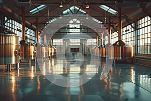 Spacious brewery interior with empty vats reflecting on the glossy floor at sunset