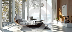 Spacious bright minimalist bedroom interior in a modern luxury villa. Futuristic streamlined furniture, natural colors